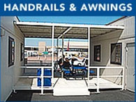 Wheelchair ramps and steps with hand railings and awnings
